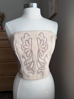 Strapless Embroidered Bustier Top in Light Beige